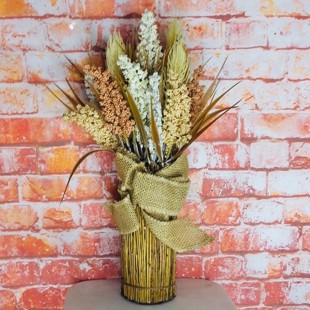 Rustic Faux Dried Floral Wheatgrass Bouquet  with Burlap Wrap
